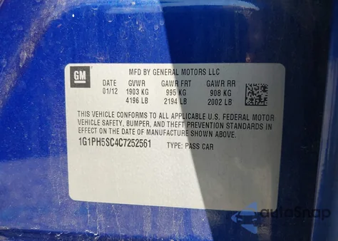 2012 Chevrolet Cruze Ltz z USA, uszkodzony, nr VIN 1G1PH5SC4C7252561